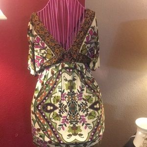 Multicolored deep V short sleeve dress